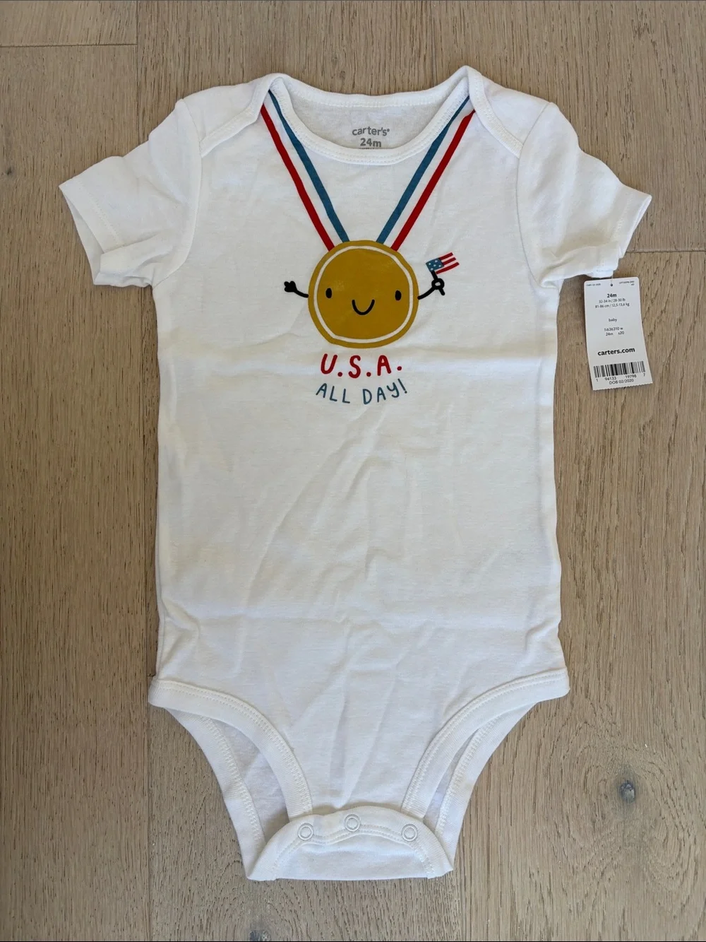 Carter's White Short-Sleeve One-Piece with Gold Medal Graphic and Red/Blue Trim